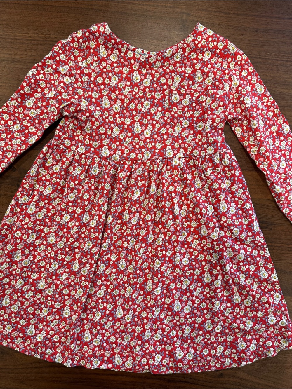Girls' Red Floral Front Pocket Long-Sleeve Dress